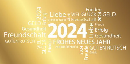 eps vector file with word cloud with new year 2024 greetings and golden backgroundのイラスト素材