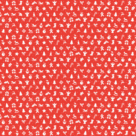 Seamless Christmas background colored red consists of typical Christmas icons like Santa Claus, candle, snowfalke, tree, gingerbread man, starsのイラスト素材