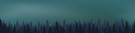 eps vector file showing a silhouette conifer trees in front of starry night, background colored blueのイラスト素材