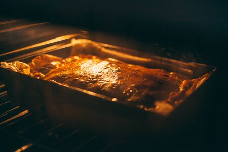 Warm light cheese cake in the ovenの写真素材