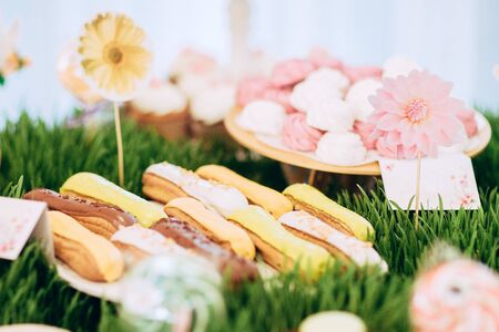 Marshmallow and cake on grass decorated candy barの写真素材