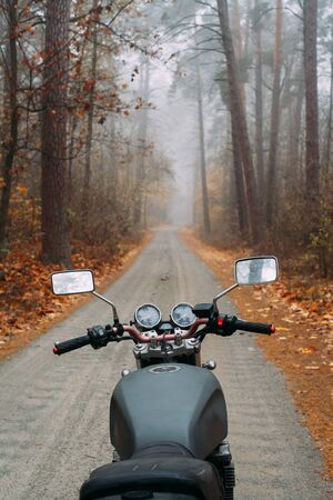 Motorcycle in a foggy pine forest. Photos from the driver. Walk in the morningの写真素材