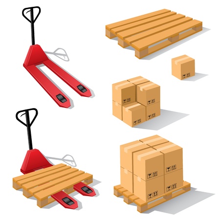 Hand forklift with pallets and boxesのイラスト素材