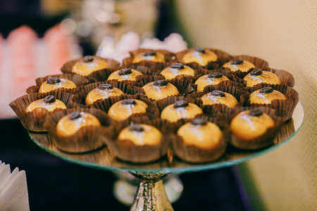 Candy bar with sweet cakes. Details of a tasty candy bar