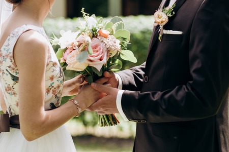 The first meeting is newlyweds on a park outdoors