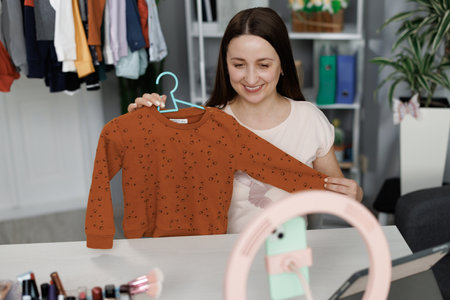 Stylist influencer woman with trendy clothes filming vlog episode for her channel. Opinion leader sets trends. Fashion blogger woman in turtleneck showing casual colorful sweater on smartphone cameraの写真素材