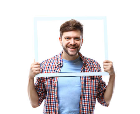 Happy business man presenting and showing with copy space for your text isolated on white backgroundの写真素材