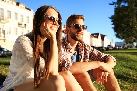 Portrait of a loving couple watching the sunsetの写真素材