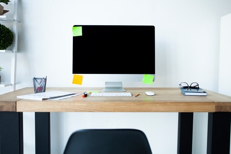 Design of workplace in home or office with modern equipment and objectsの写真素材