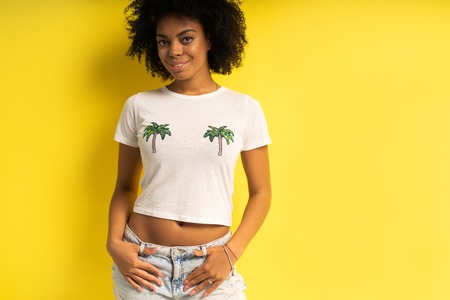 Beautiful african american female model posing in studio.の写真素材