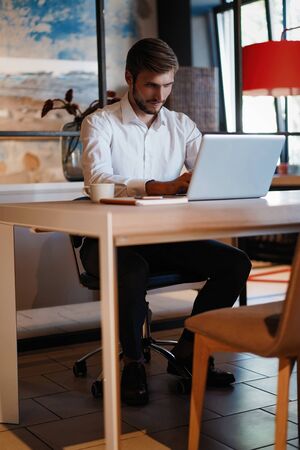Handsome businessman working with laptop in office