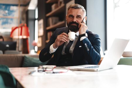 Portrait of a nice smiling man with beard, he is sitting at table, talking on the phone with his laptopの写真素材