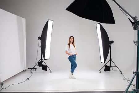 backstage self-confident woman equipment workplace photo studio concept. Photography of fashion look.の写真素材