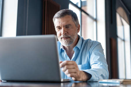 Mature businessman working on laptop. Handsome mature business leader sitting in a modern officeの写真素材