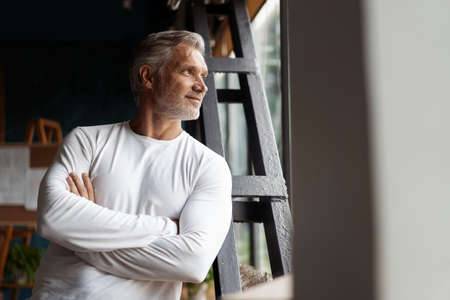 Business lifestyle. Casual Grey-haired Mature professional handsome businessman standing near window in his officeの写真素材