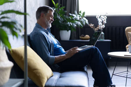 Smiling mature man sitting on a sofa typing on a laptop in a living room. Working from home in...