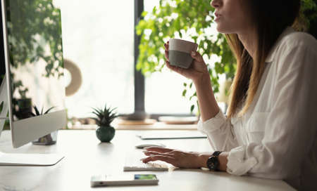 Attractive young woman working at office, using contemporary desktop computer.の写真素材