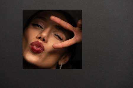 Beauty Brunette Woman with Perfect Makeup. Beautiful Professional Holiday Make-up. Red Lips and perfect eyebrowsの写真素材