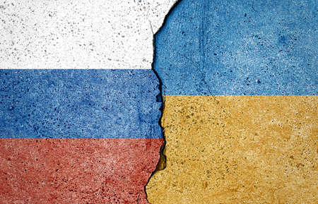 Flags of Russia and Ukraine. No war. Peace. Relationship between Ukraine and Russia.の写真素材