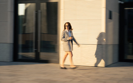 Business woman walking drinking coffee. Lawyer professional or similar walking outdoors happy holding disposable paper cup. Caucasian businesswoman smiling happy outside.の写真素材