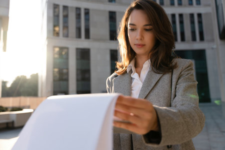 Elegant young confident woman, formally dressed, stands outdoors against the background of the business center, holding a folder with documentsの写真素材
