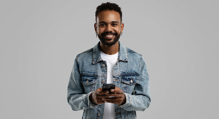 Portrait of handsome excited cheerful joyful delightful guy wearing casual sending and getting...