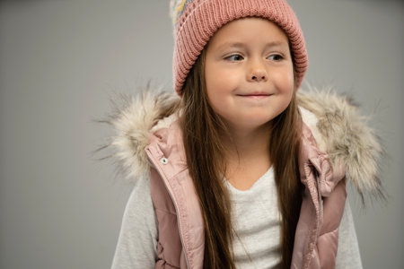 Portrait of little girl, child, posing in warm jacket and hat isolated over white background. Concept of childhood, fashion, emotions, lifestyle, beauty, facial expression. Copy space for adの写真素材