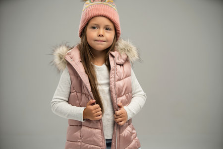 Portrait of little girl, child, posing in warm jacket and hat isolated over white background. Concept of childhood, fashion, emotions, lifestyle, beauty, facial expression. Copy space for adの写真素材