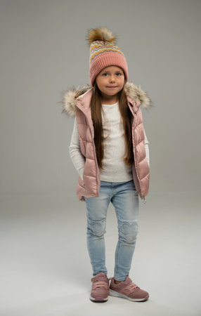 Full length of little girl, child, posing in warm jacket and hat isolated over white background. Concept of childhood, fashion, emotions, lifestyle, beauty, facial expression. Copy space for adの写真素材