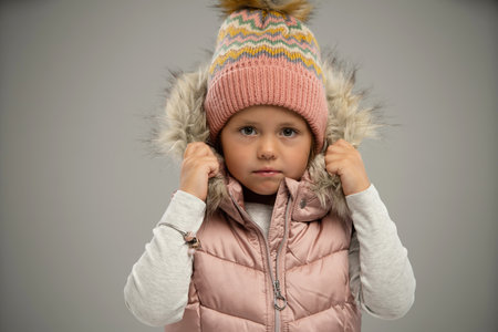 Portrait of little girl, child, posing in warm jacket and hat isolated over white background. Concept of childhood, fashion, emotions, lifestyle, beauty, facial expression. Copy space for adの写真素材