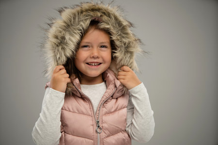 Portrait of little girl, child, posing in warm jacket and hat isolated over white background. Concept of childhood, fashion, emotions, lifestyle, beauty, facial expression. Copy space for adの写真素材