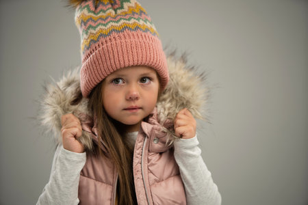 Portrait of little girl, child, posing in warm jacket and hat isolated over white background. Concept of childhood, fashion, emotions, lifestyle, beauty, facial expression. Copy space for adの写真素材