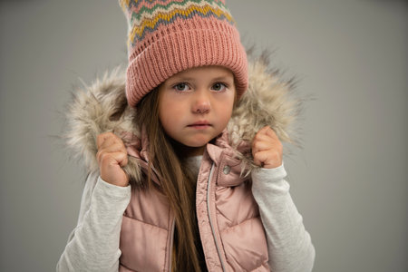 Portrait of little girl, child, posing in warm jacket and hat isolated over white background. Concept of childhood, fashion, emotions, lifestyle, beauty, facial expression. Copy space for adの写真素材
