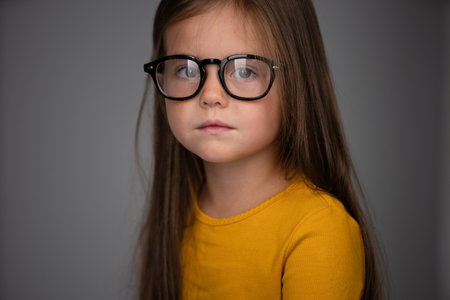 Adorable six years old girl isolated on white studio background, pretty brown-haired fringe hairstyle european appearance child pose indoor, look at camera, generation Z conceptの写真素材