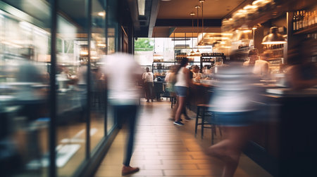 Blurred background : People in Coffee shop or Restaurant blur background with bokeh lightの素材