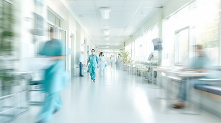 Blurred image of Hospital Lobby. Doctors, Nurses, Assistant Personnel and Patients Working and Walking in the Lobby of the Medical Facility.の素材