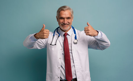 Confident mature male doctor with thumbs upの写真素材
