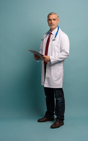 Mature medical expert with stethoscope, smiling at camera, holding papers with notesの写真素材