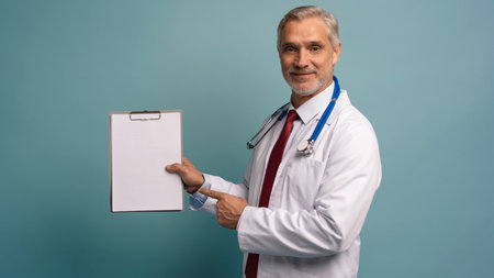 Mature doctor expert in white robe with stethoscope, smiling at camera, holding papers with notes, isolated on blue backgroundの写真素材