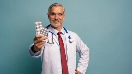 healthcare and medical concept - mature doctor with pillの写真素材