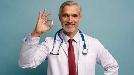 healthcare and medical concept - mature doctor with pillの写真素材