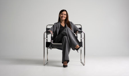 Portrait of a cheerful young businesswoman sitting in a chair against white background. Full bodyの写真素材