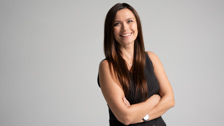 Classic portrait of business woman with folded hands isolated studio portrait. Happy successful employee businesswoman corporate lawyer 30sの写真素材