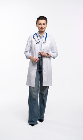 Full length portrait of pretty positive lady doctor with empty space blank isolated on white backgroundの写真素材