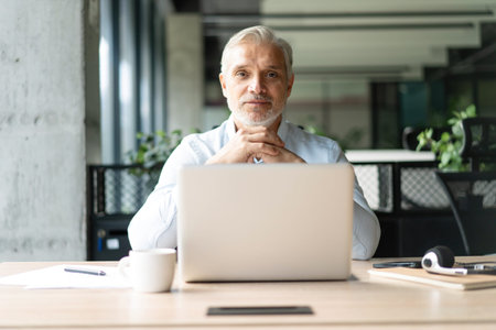 Happy mature European business man ceo trader using computer, typing, working in modern office,...