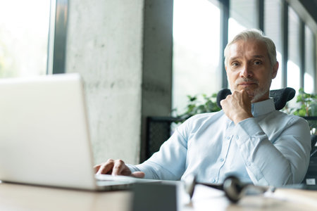 Happy mature professional business man looking at camera sitting at work desk using computer....