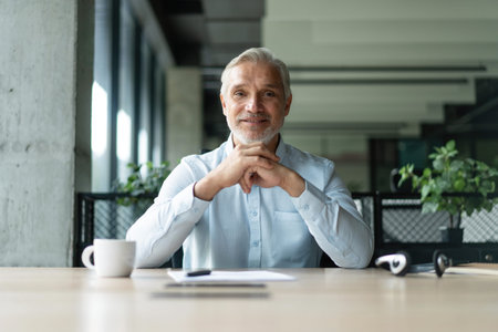 Happy smiling middle aged professional business man company executive ceo manager wearing blue suit...