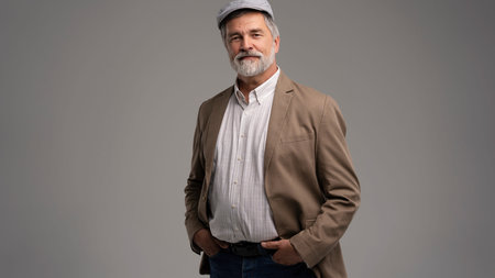 Attractive serious grey-haired man in suit and flat cap isolated on grey background
