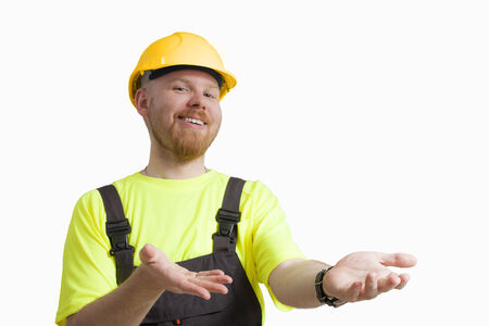 Worker with Presenting Expression against White Backgroundの写真素材