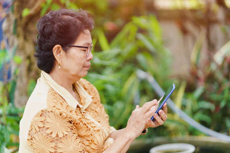 Old Thai women are using smartphones happily.の写真素材